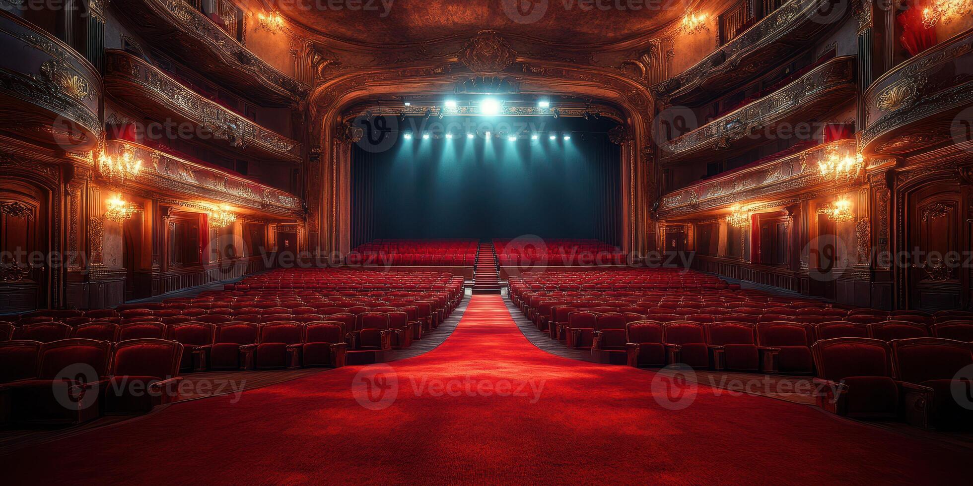 Classic theater interior with elegant architecture, rich colors, and soft lighting creating a dramatic atmosphere for performances photo