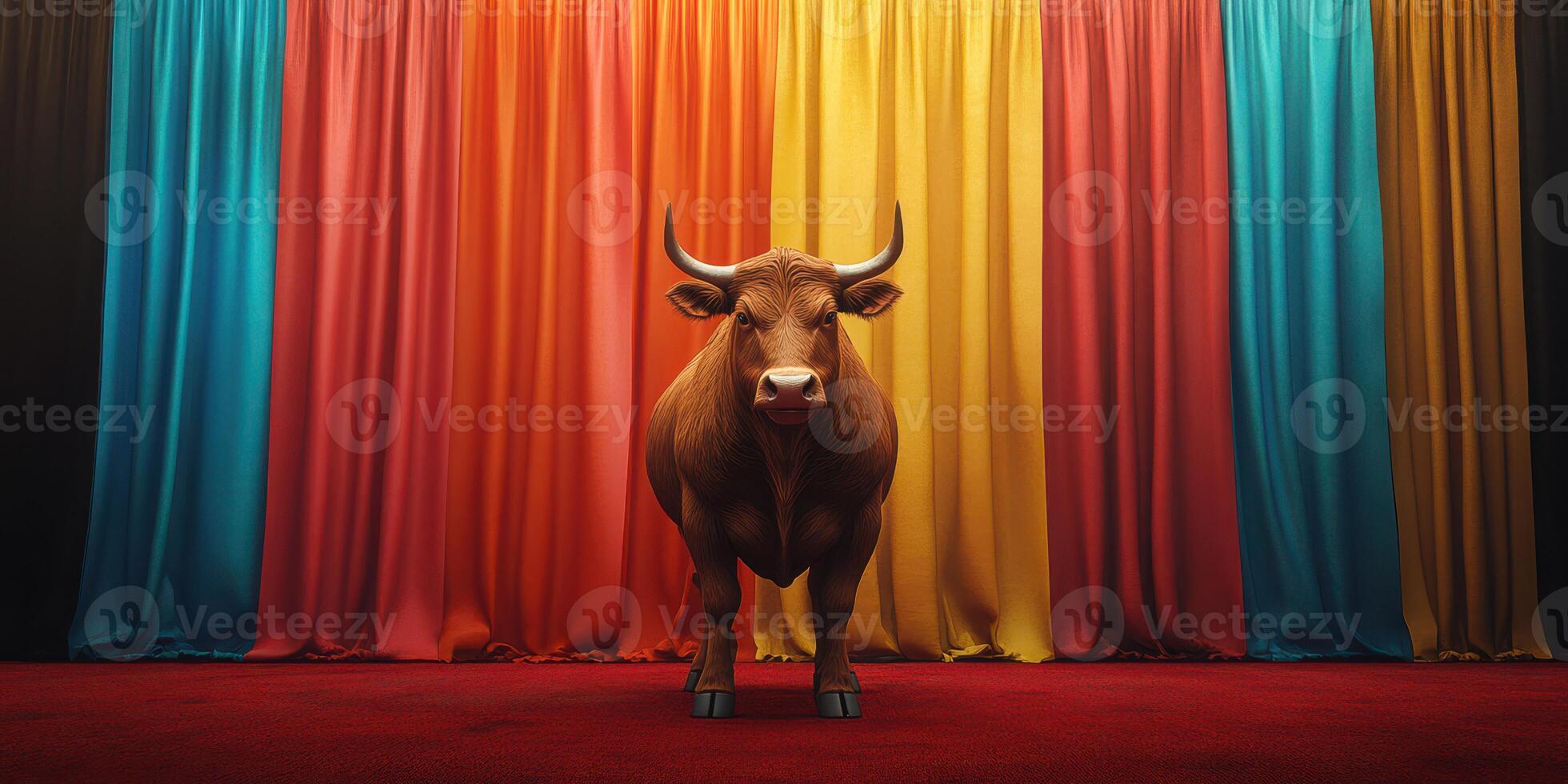 Dramatic bull stands center stage behind colorful drapes in a vibrant exhibition hall setting photo