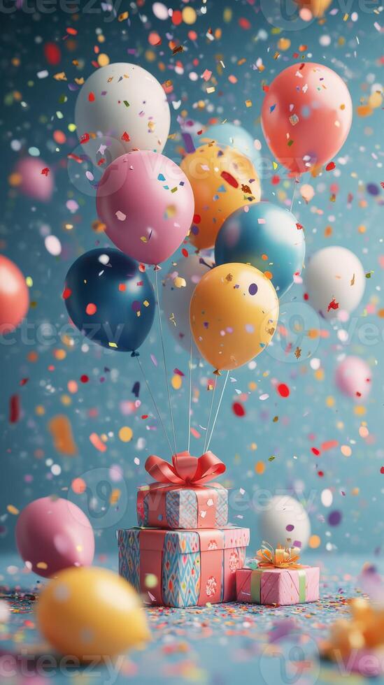 Colorful balloons and festive decorations fill the room to celebrate a joyful occasion with gifts and confetti photo