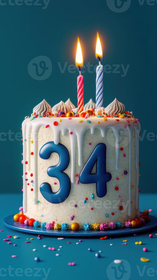 Festive birthday cake decorated with colorful candles and sprinkles for a 34th celebration indoors photo