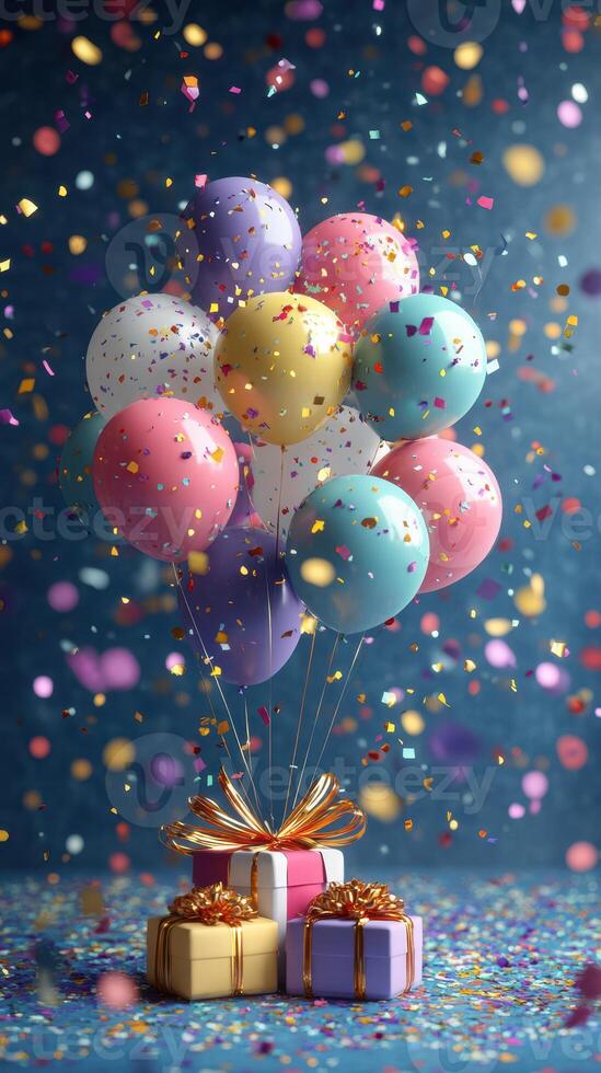 Festive celebration with colorful balloons and gift boxes surrounded by confetti photo