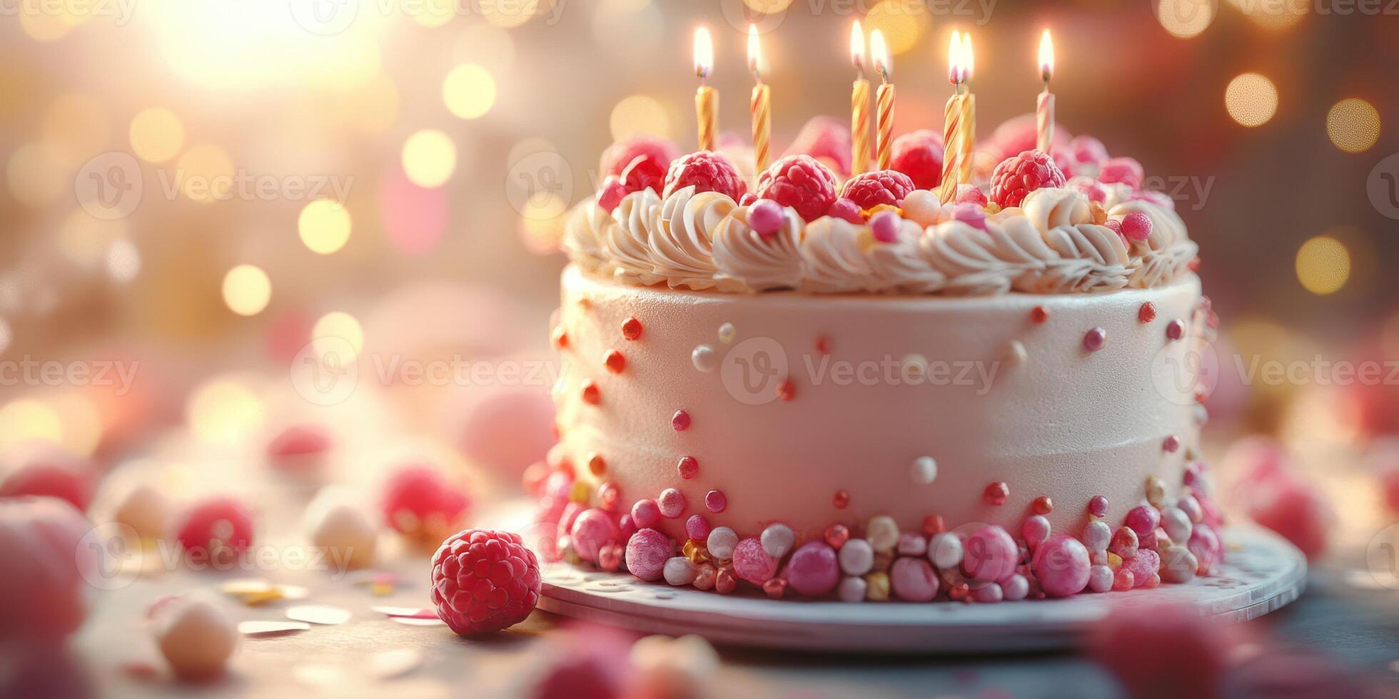 Beautifully decorated cake with candles and berries captures the festive spirit of a celebration photo