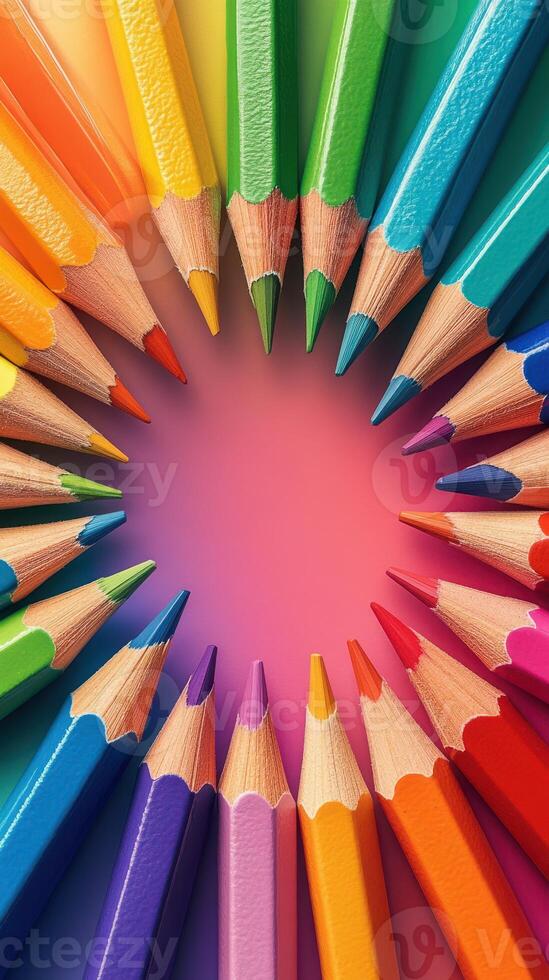 Vibrant colored pencils arranged in a circular pattern on a colorful surface creating a cheerful atmosphere photo