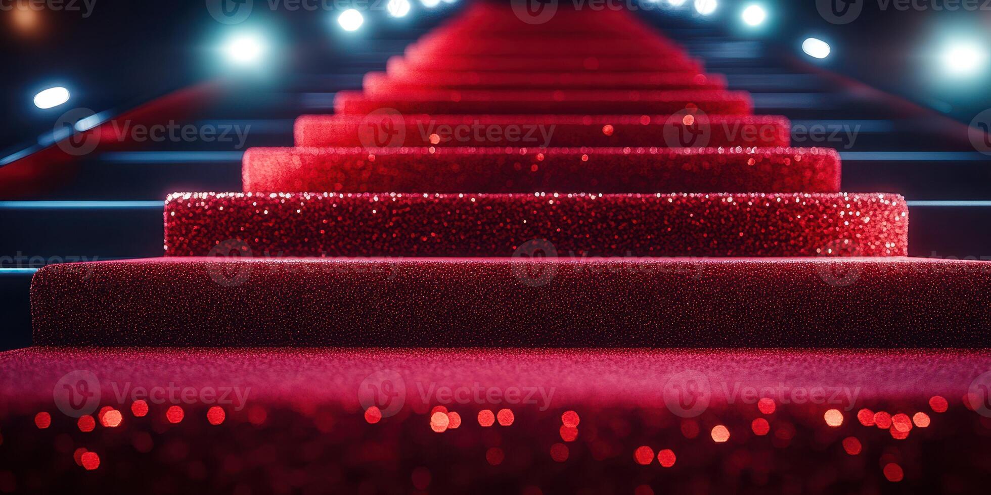 Glittering red carpet leading to a spotlighted stage in a modern venue at night photo