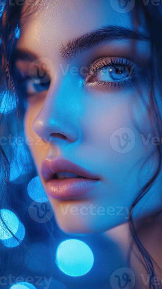 Captivating close-up of a young woman with striking blue light framing her features and highlighting her expressive eyes photo