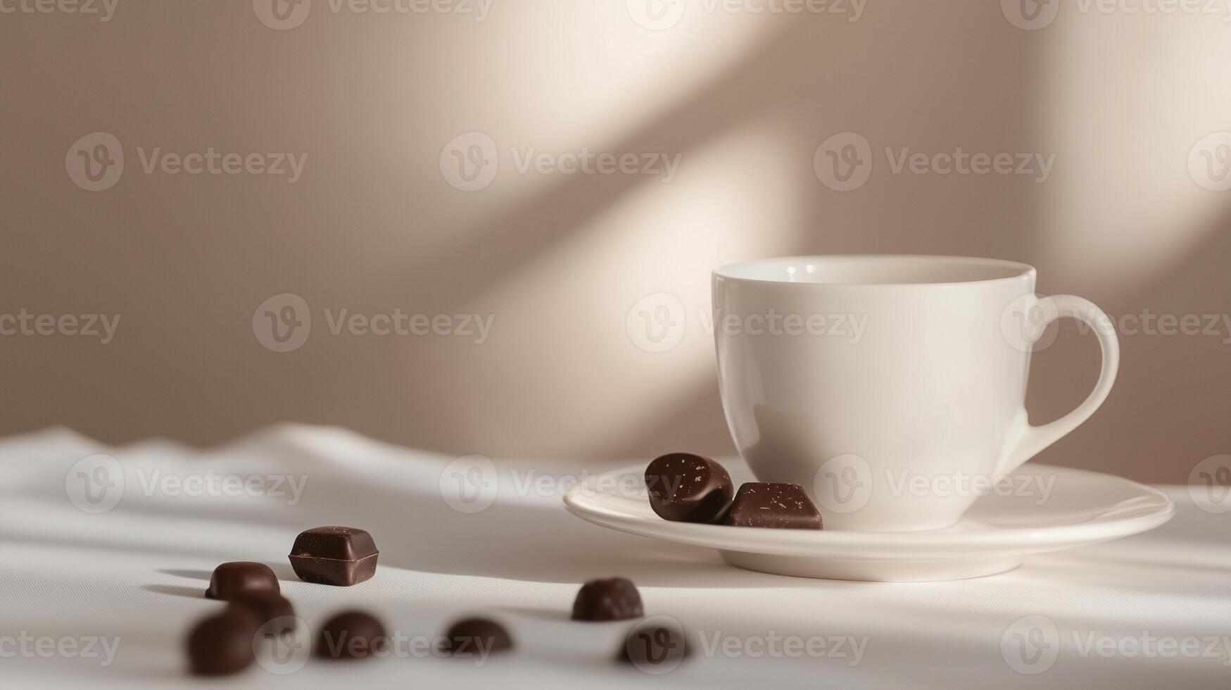 morning mug of hot coffee with sweets on the table in light colors photo