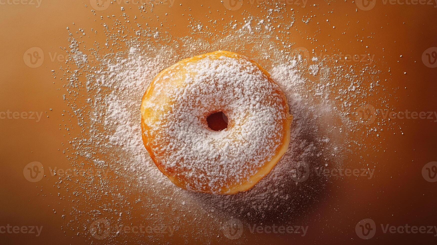 juicy donut with a hole sprinkled with powdered sugar on a brown background photo