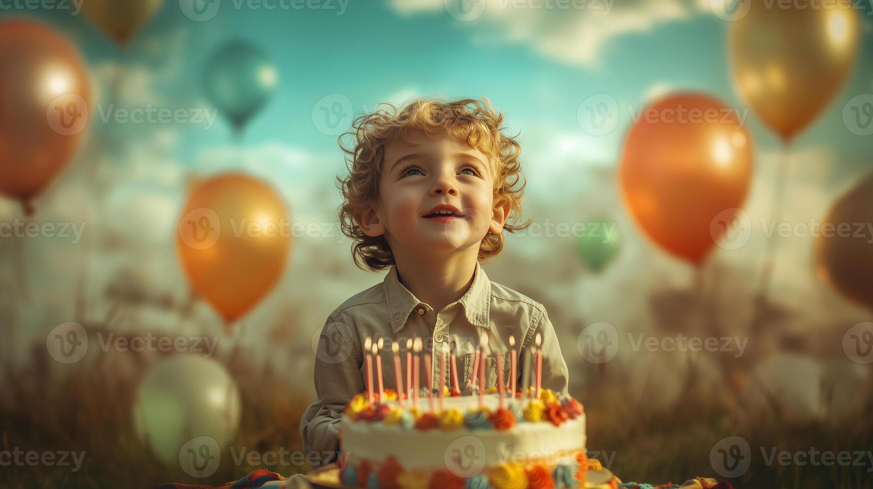 boy in a fairytale environment with balloons blowing out candles on his birthday photo
