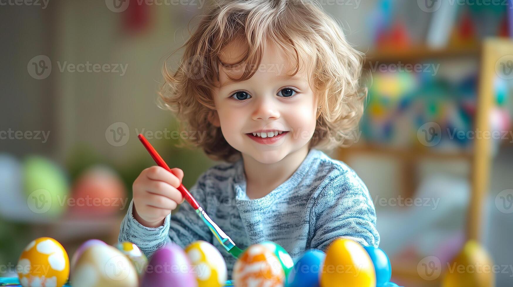 Cute little boy painting Easter eggs. Happy child with Easter eggs photo