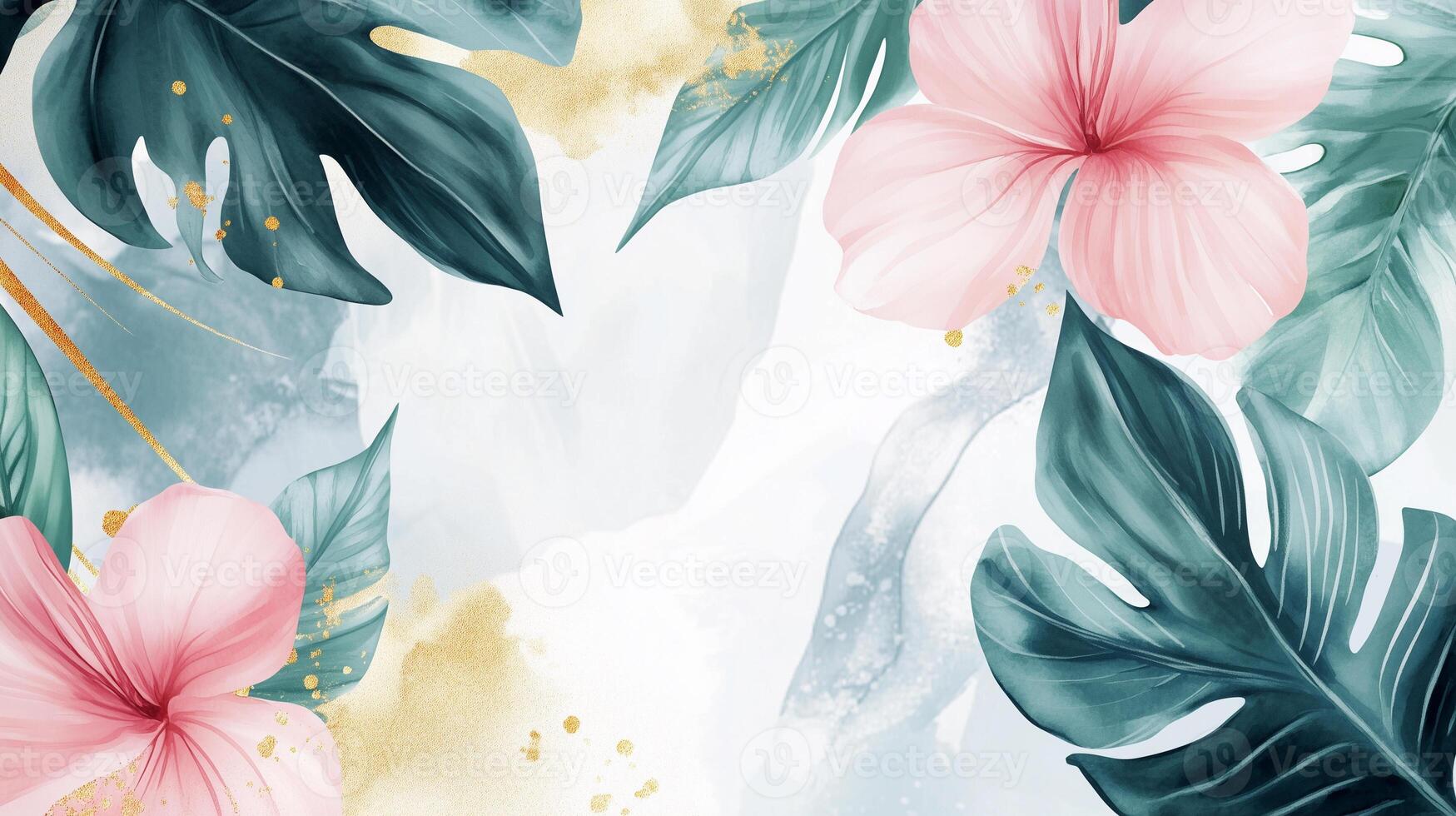 invitation card with decorative design elements of painted green and gold exotic leaves and flowers photo