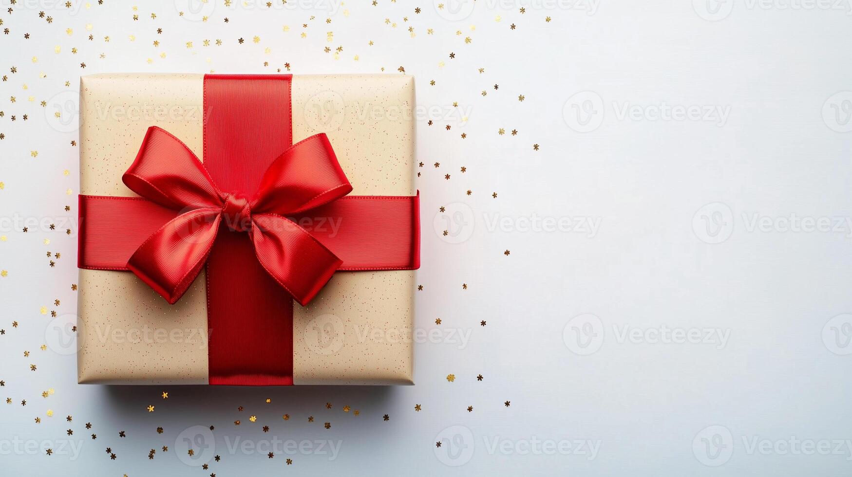 box with red ribbon bow, gift on white background with sparkles photo