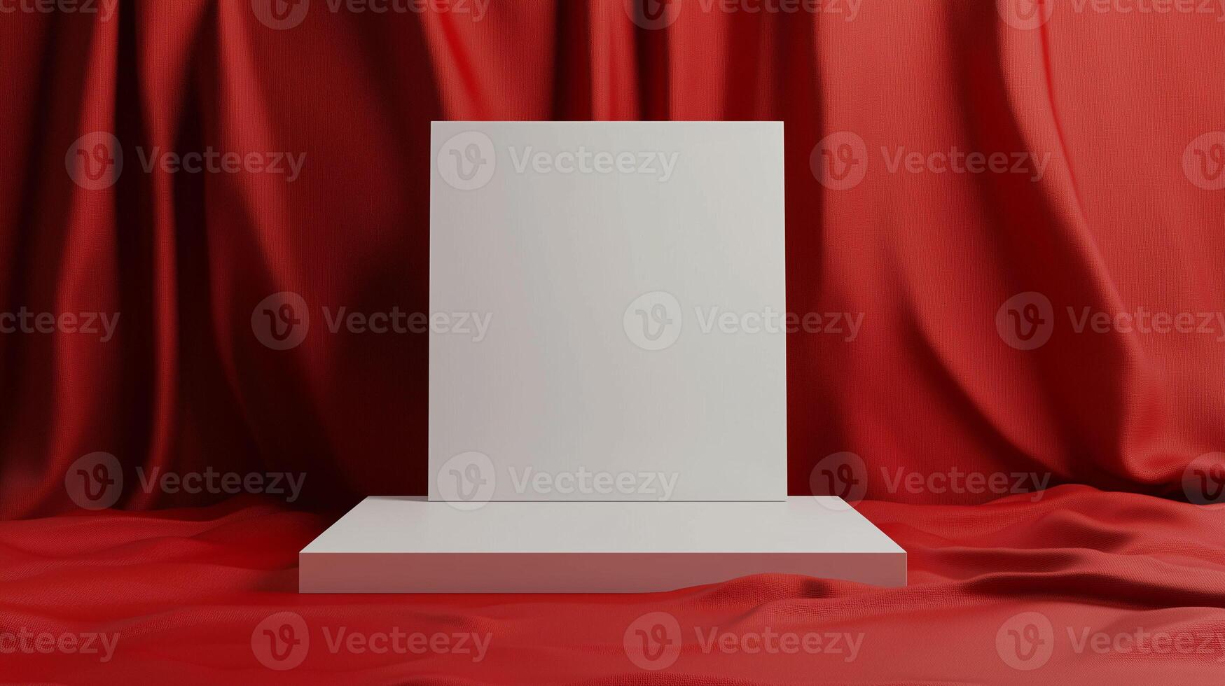 square pedestal made of natural white stone on a red velvet background with a fabric accent. Ideal for displaying products with a calm aesthetic. photo platform