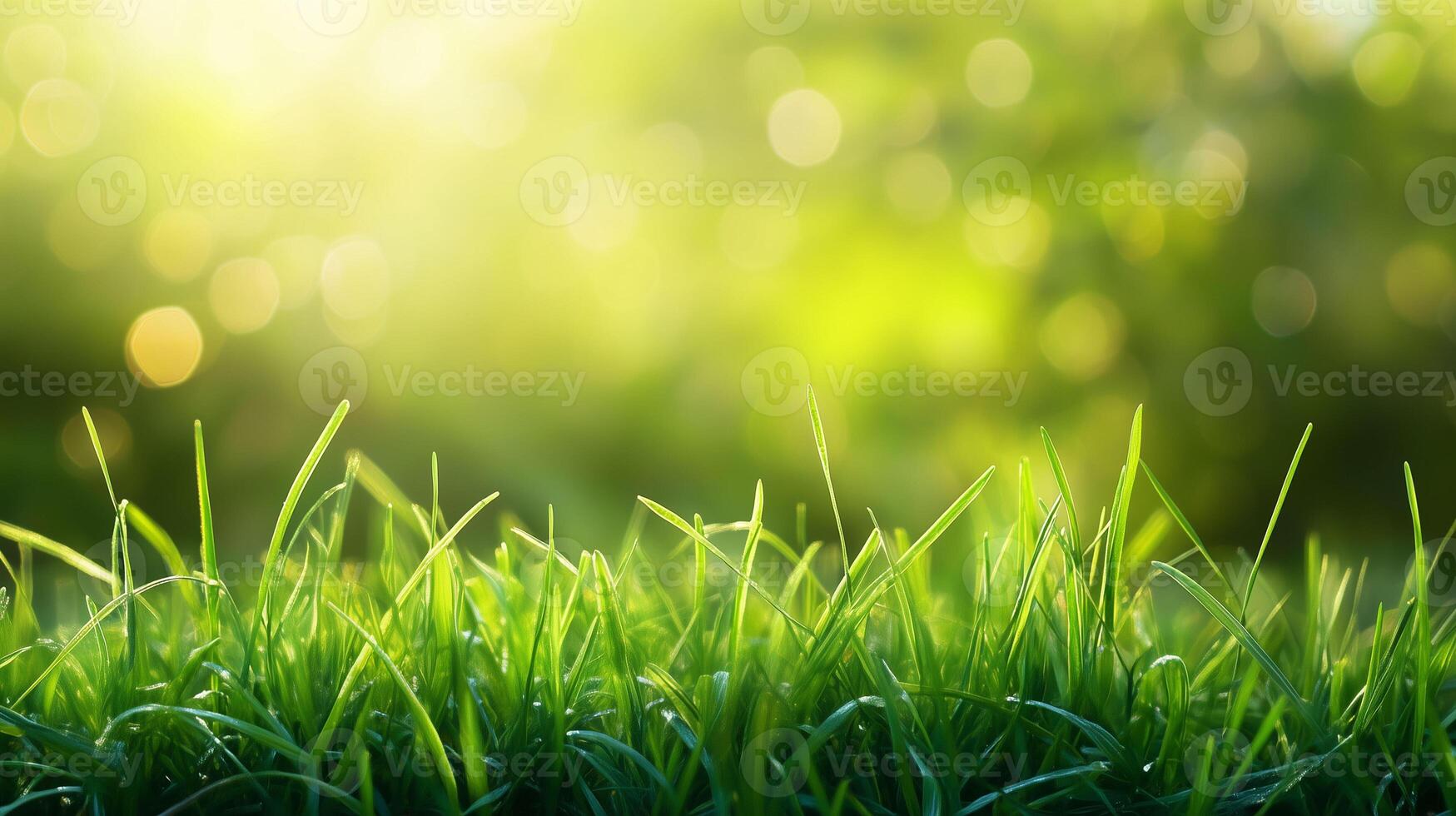 summer green grass with rasa early morning, light green background photo