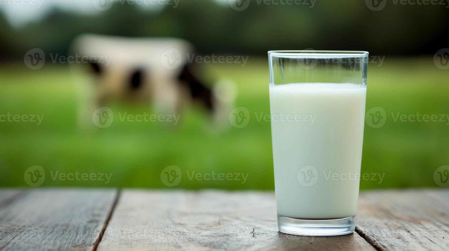 a glass glass filled with milk stands on a wooden table against the backdrop of nature and cows with blur photo
