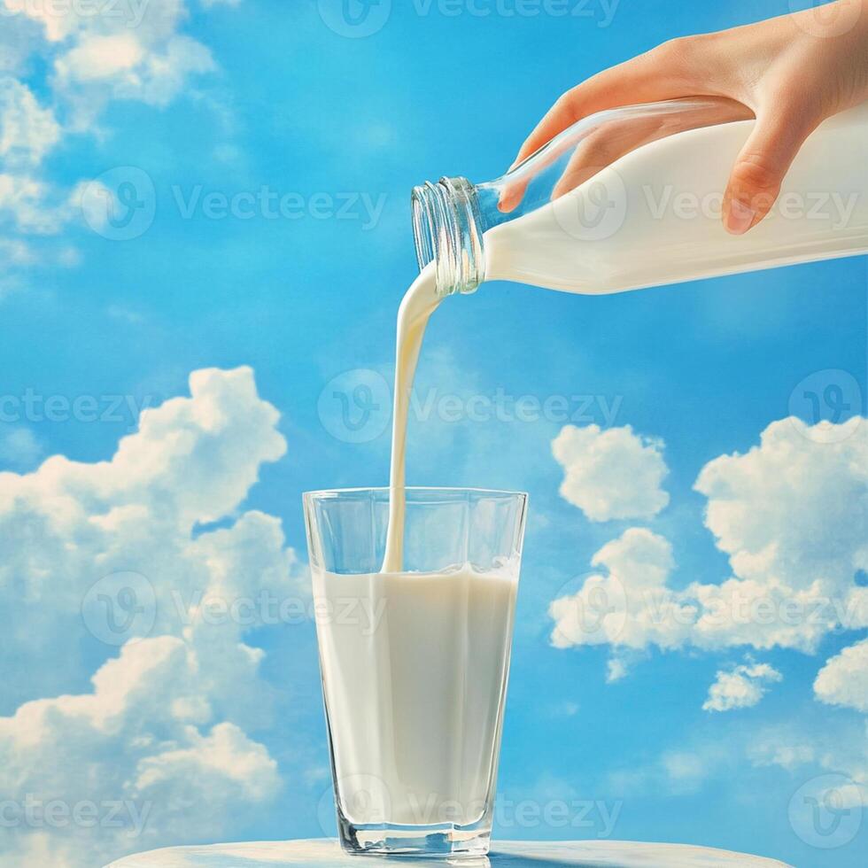 a glass stands on the table against the background of a blue sky with clouds, fresh milk is poured into it from a glass bottle photo