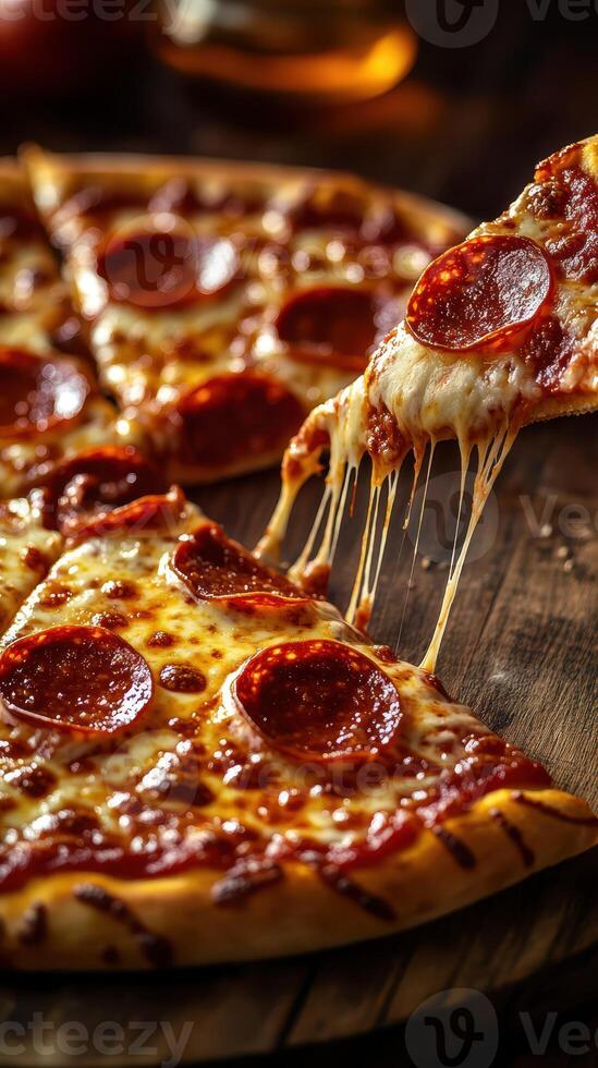 Delicious pepperoni pizza served on a wooden board with gooey cheese stretching and warm colors enhancing the appetizing look photo