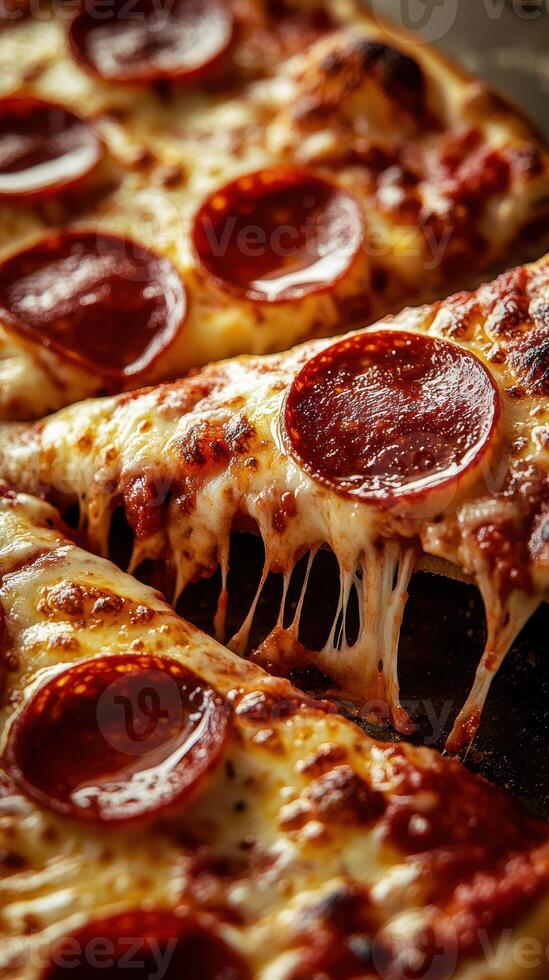 Delicious cheesy pepperoni pizza slices with melted cheese pulled apart on a rustic wooden table photo