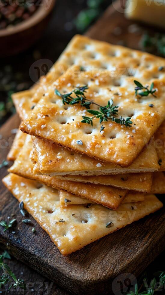 Crunchy crackers topped with fresh herbs on a rustic wooden board in a cozy kitchen setting photo
