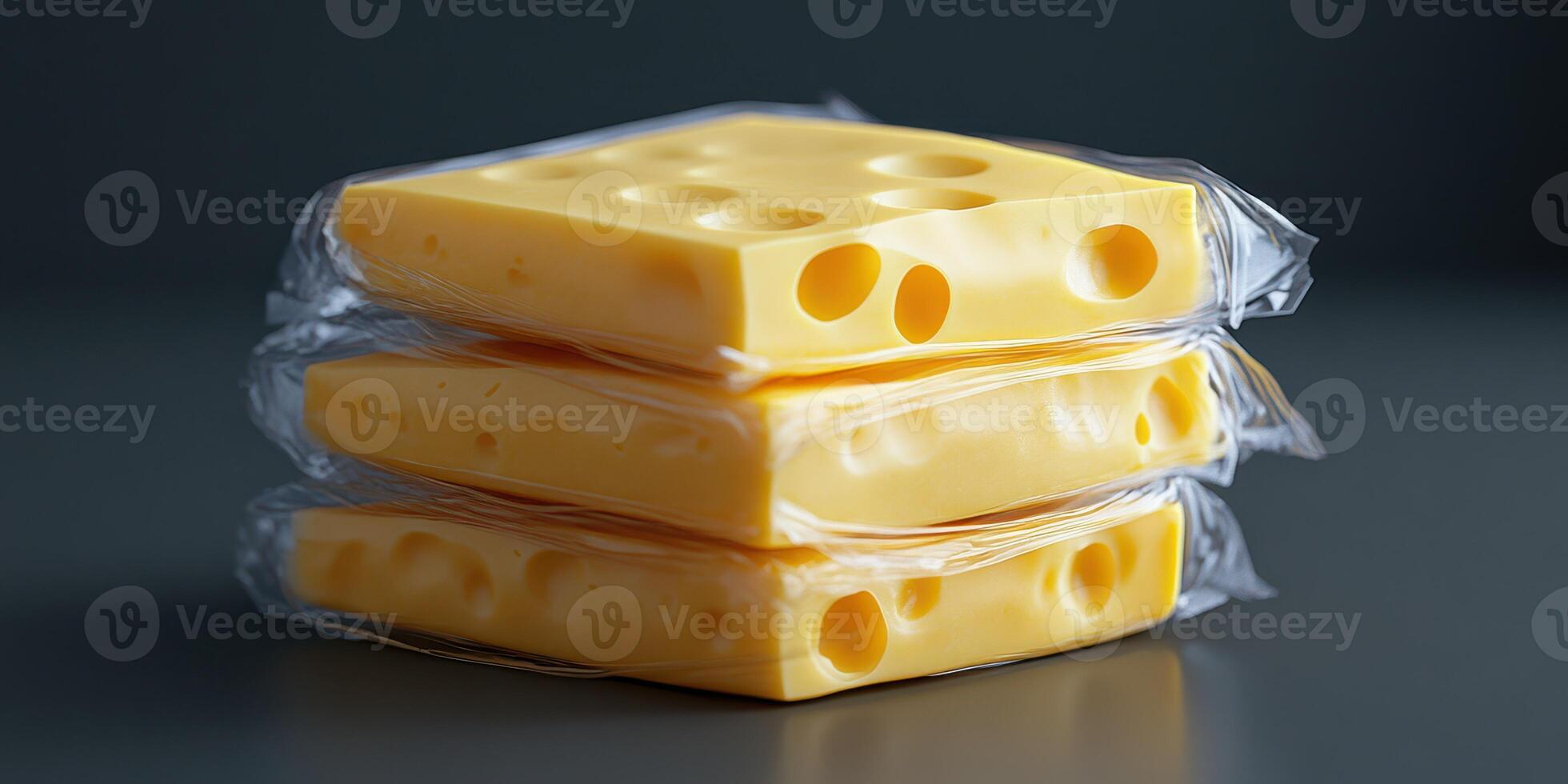 Yellow cheese blocks stacked neatly in transparent packaging against a dark background photo