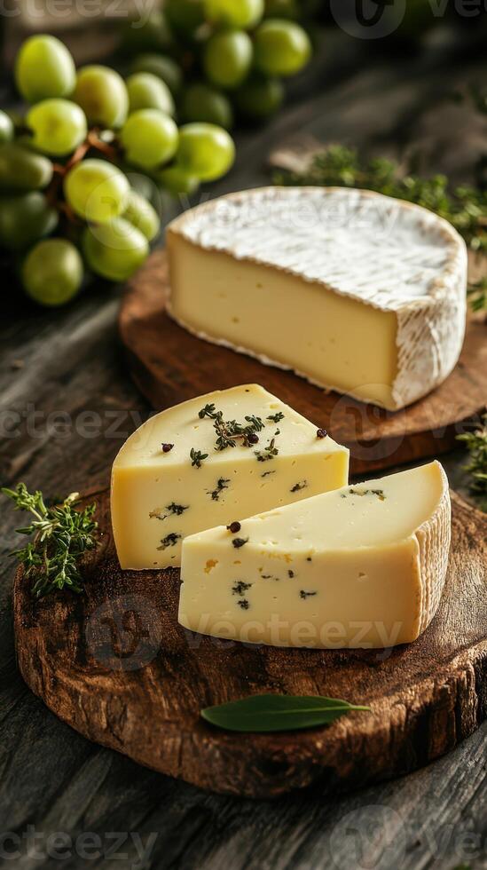 Various types of cheese displayed with fresh grapes and herbs on wooden boards in a rustic setting photo