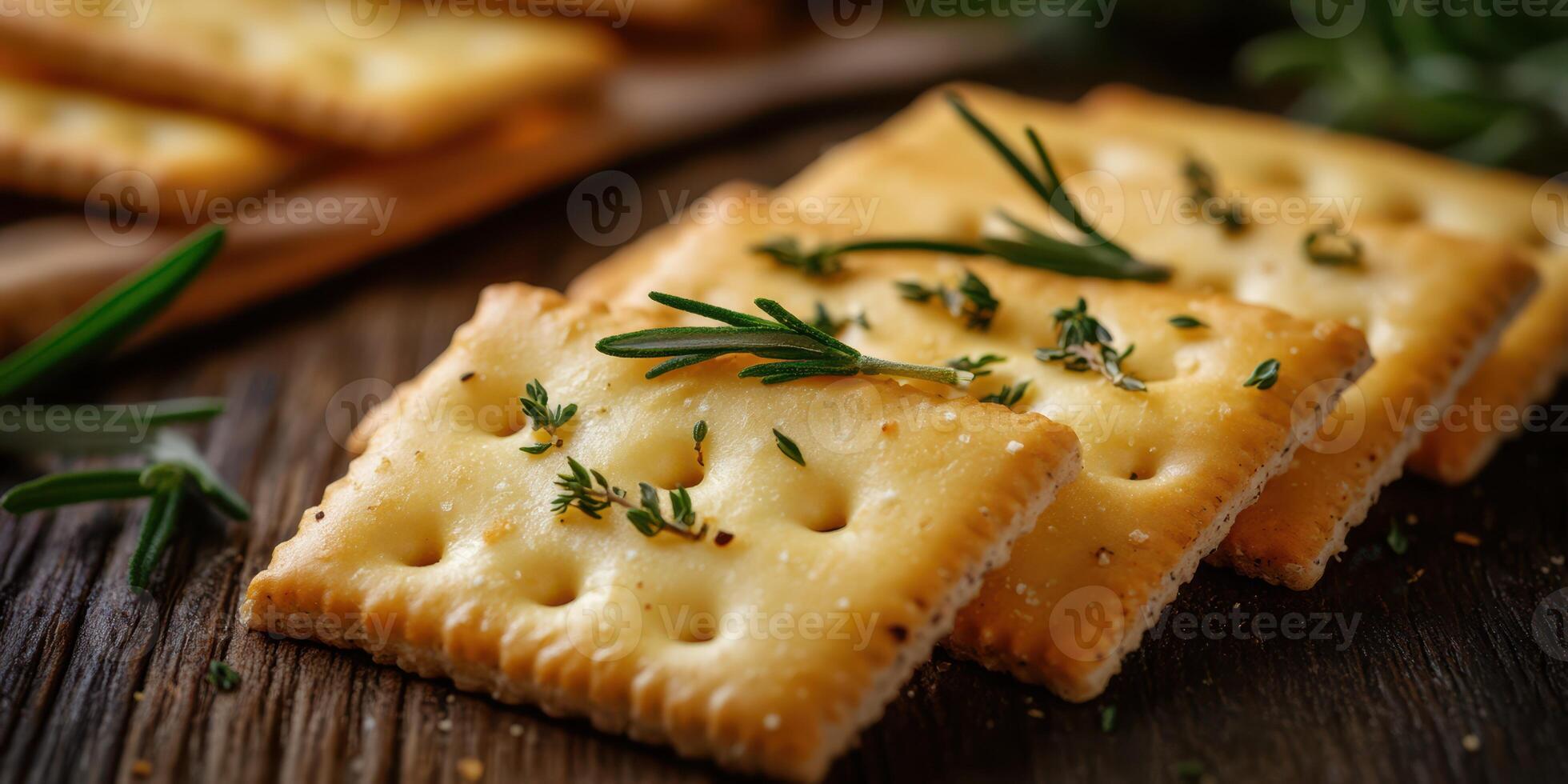 Crispy crackers garnished with herbs on a rustic wooden table in a cozy setting photo
