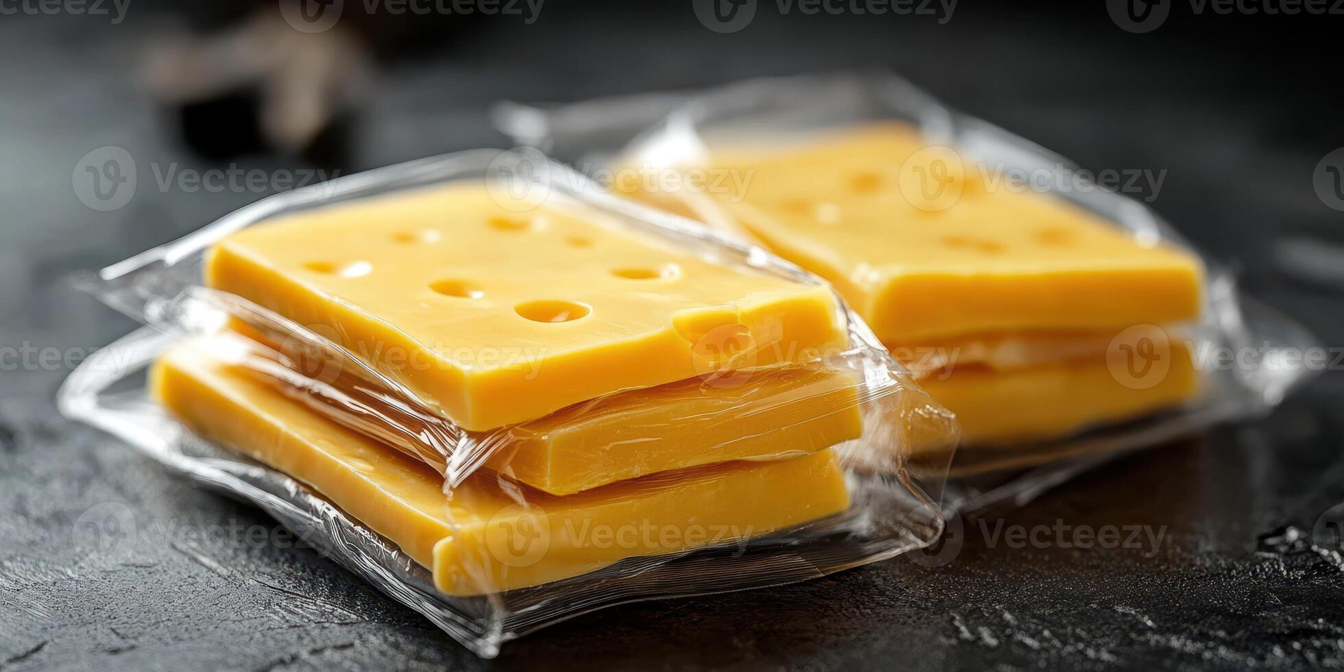 Slices of packaged cheddar cheese stacked on a dark surface ready for use in meals or snacking photo