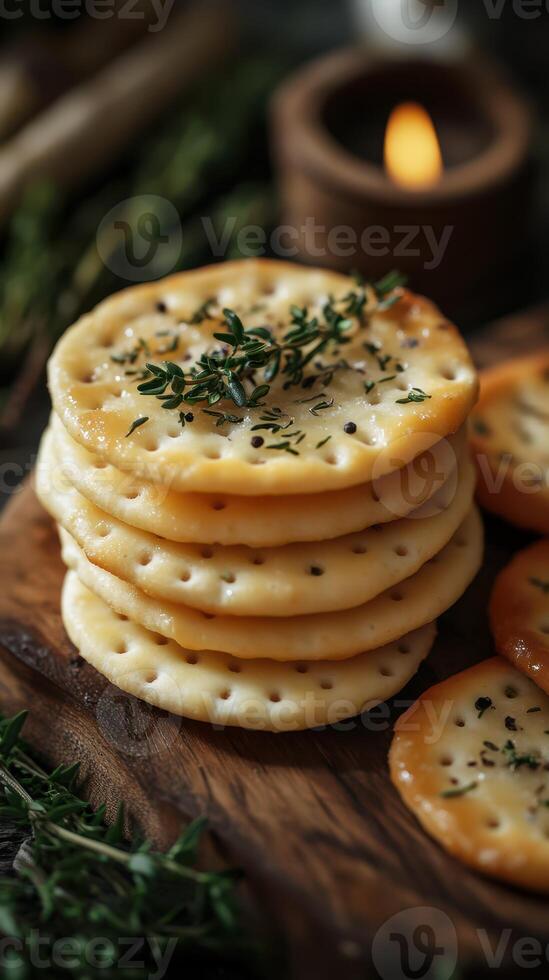 Savory cheese crackers stacked on a wooden board with herbs and candlelight ambiance photo