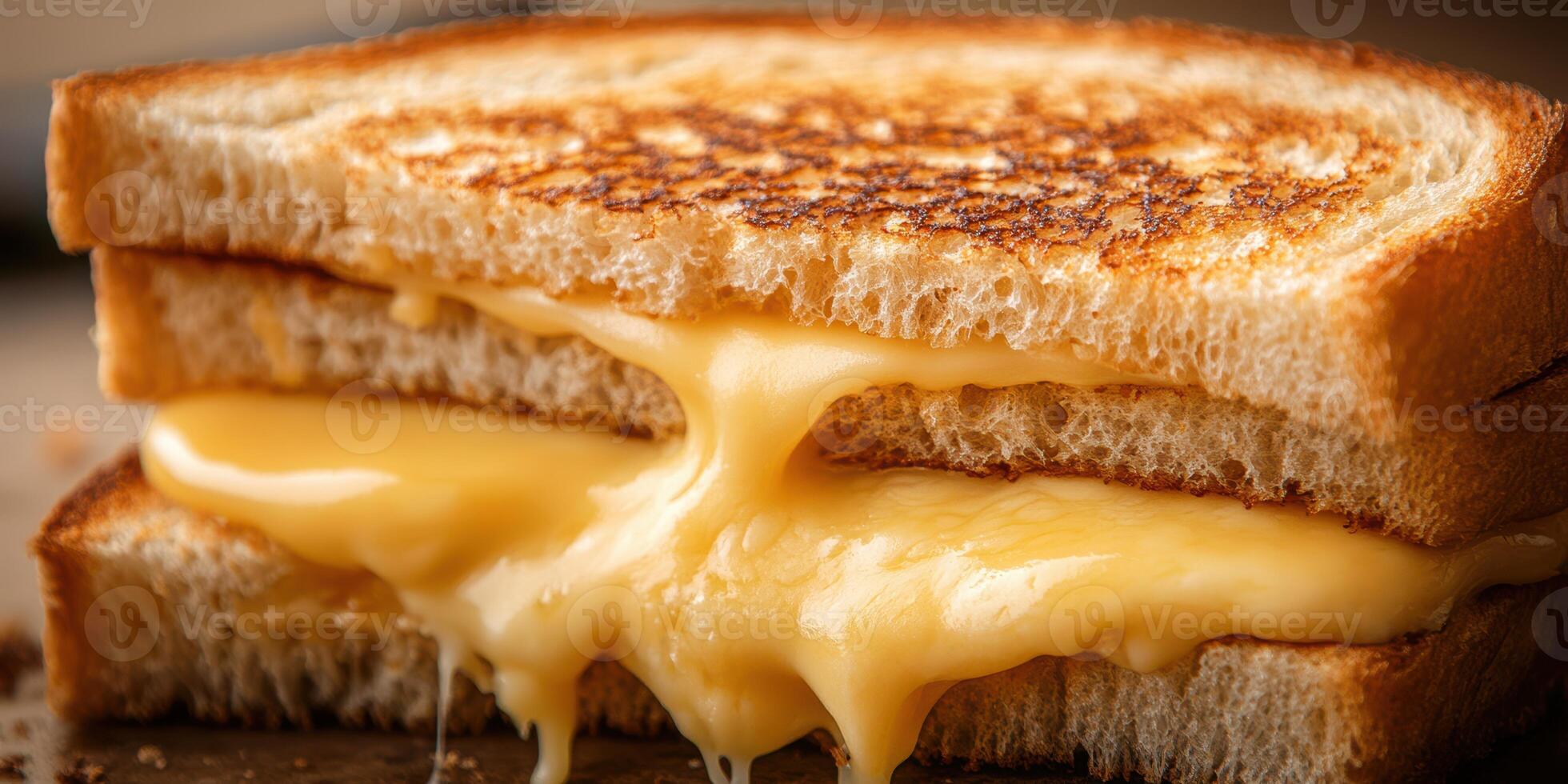 Delicious grilled cheese sandwich with gooey melted cheese pulled apart, captured in soft lighting photo