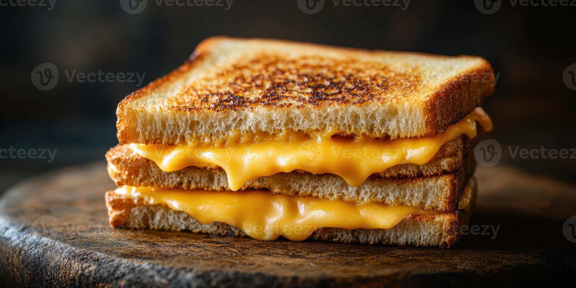 Deliciously toasted three-layer grilled cheese sandwich with melty cheddar cheese served on a wooden board in a cozy setting photo