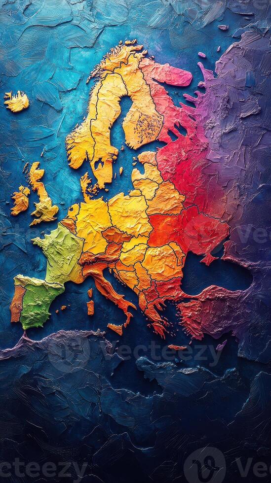 Colorful 3D map of Europe highlighting geographical features and regions crafted with textured artistic design photo