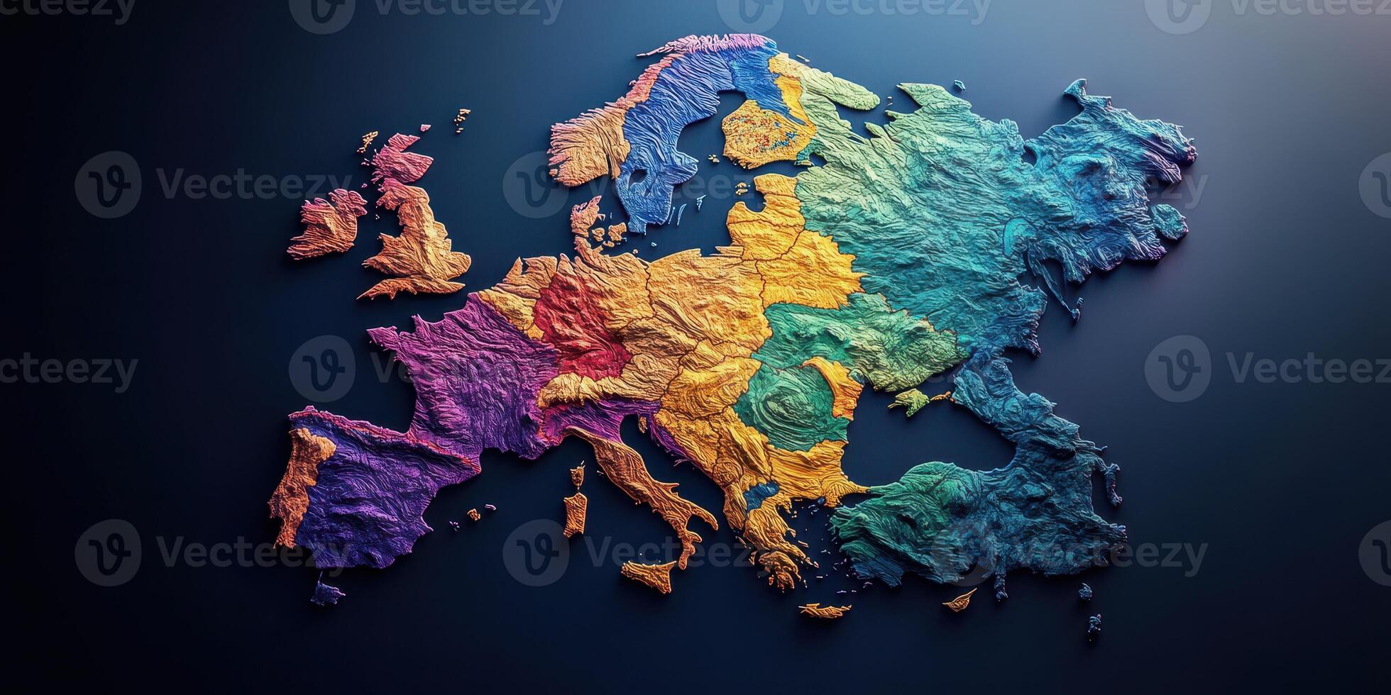Colorful topographic map of Europe highlighting geographical features and elevations photo