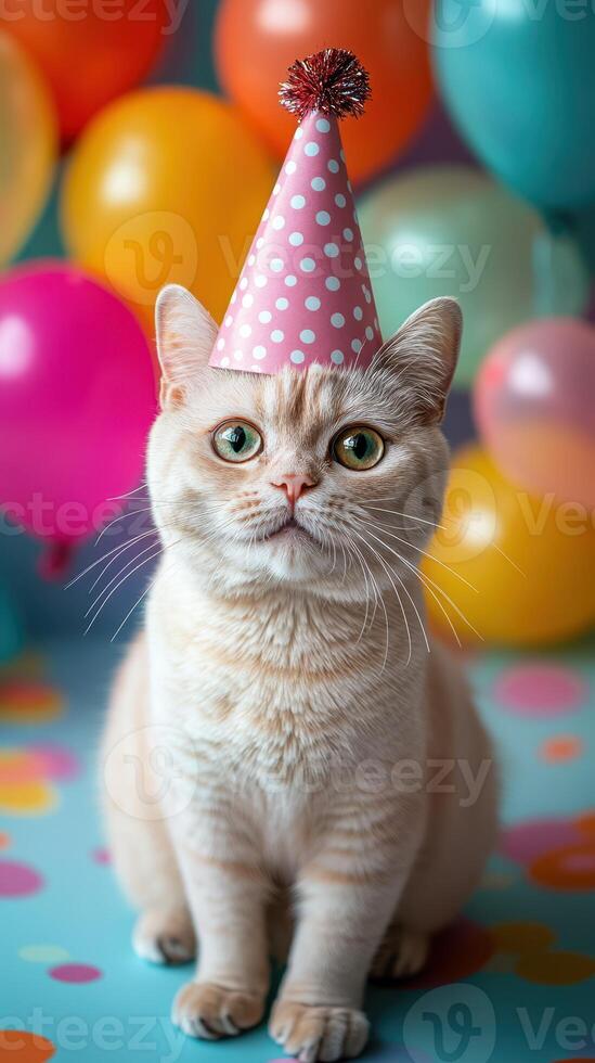 Cat celebrating a birthday with colorful balloons and a party hat in a lively atmosphere photo