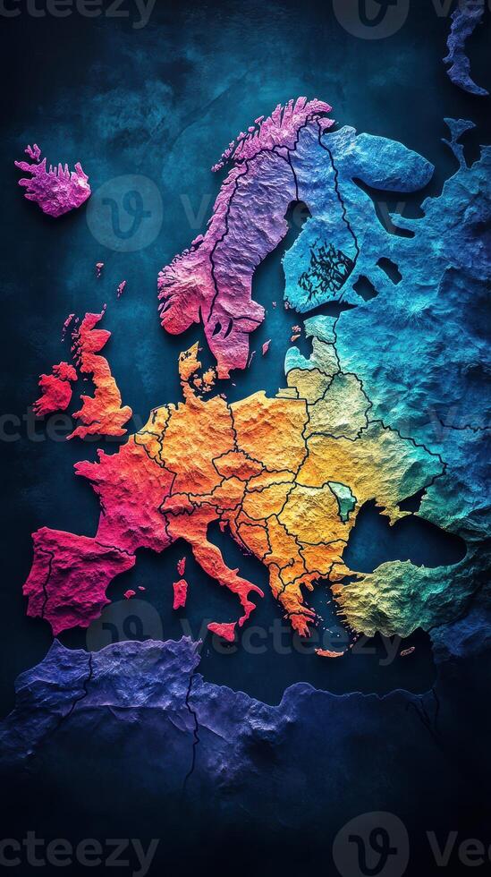 Vibrant artistic map of Europe showcasing diverse regions in bold colors and artistic texture photo