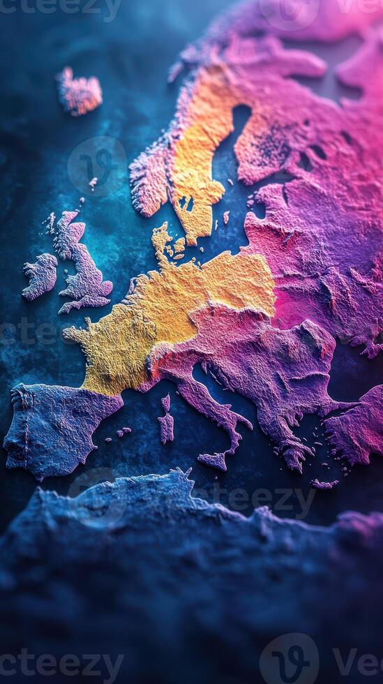 Colorful 3D representation of Europe showcasing geographic features and topography with vibrant hues and textures photo