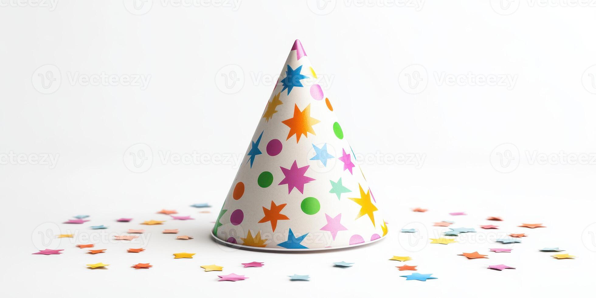 Colorful party hat with confetti on a clean surface for festive celebrations and gatherings photo