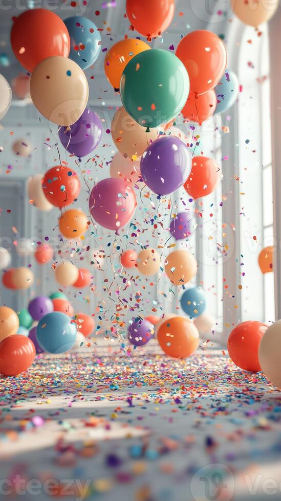 Colorful balloons and confetti create a festive atmosphere in a bright room during a celebration photo