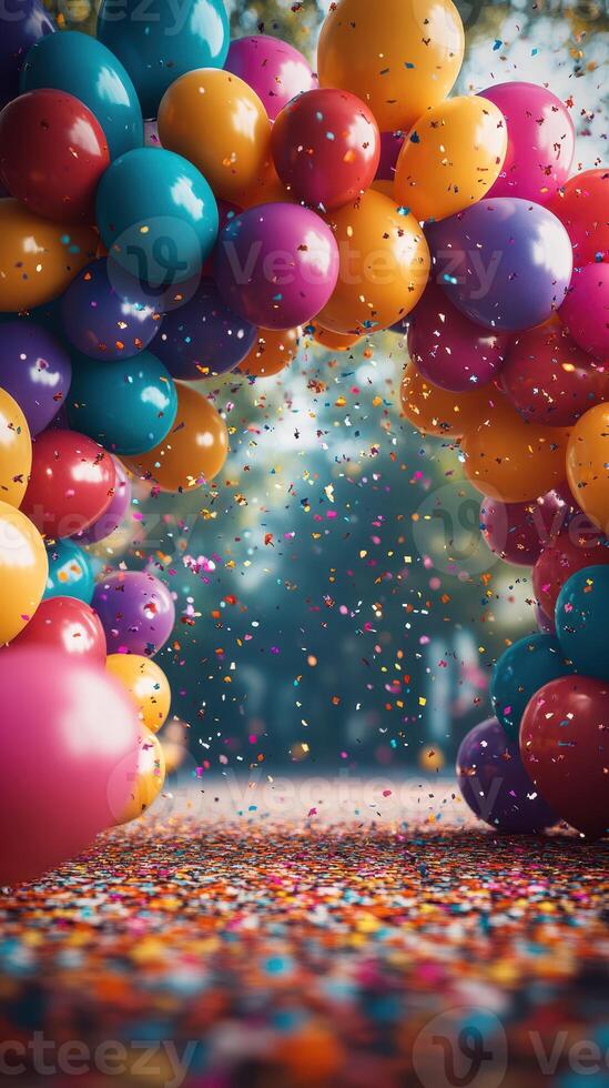 Festive balloon arch adorned with colorful confetti creating a joyful atmosphere at a celebration event photo