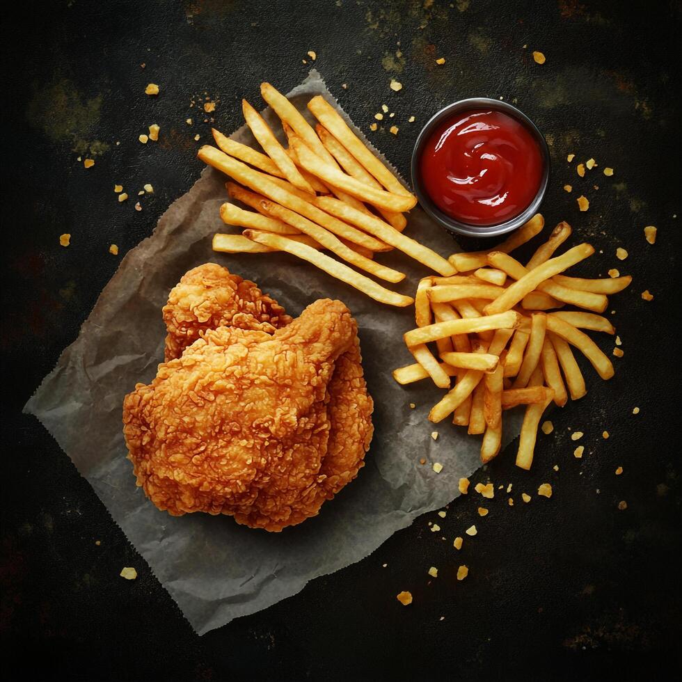 Fried chicken fries with tomato sauce on a dark table photo