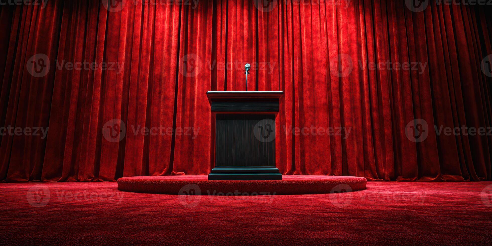 Stage setup with red curtains and podium ready for an upcoming presentation or performance event photo