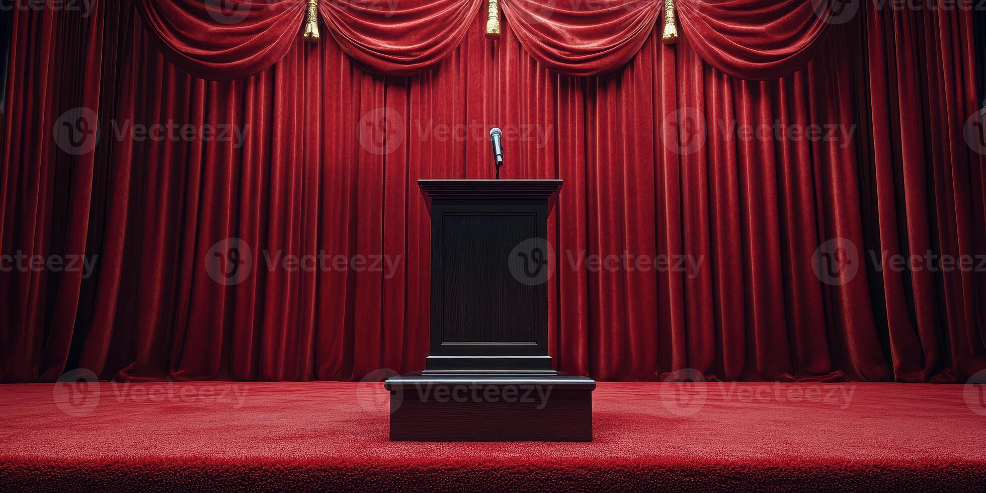 Empty podium with microphone in front of red velvet curtains set for an important speech or presentation photo