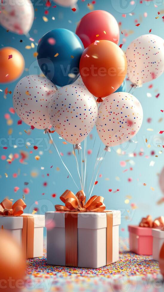 Colorful balloons float above a gift box surrounded by confetti in a festive atmosphere celebrating a special occasion photo