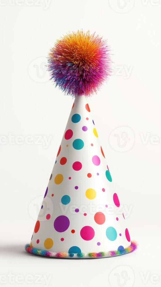 Colorful party hat with pom pom on top displayed against a plain background photo