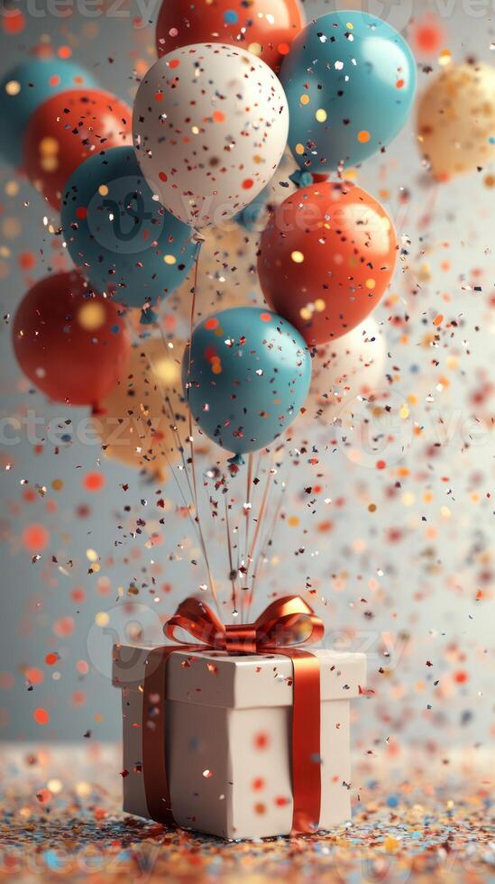 Bright celebration with colorful balloons and confetti surrounding a gift box at a festive event photo