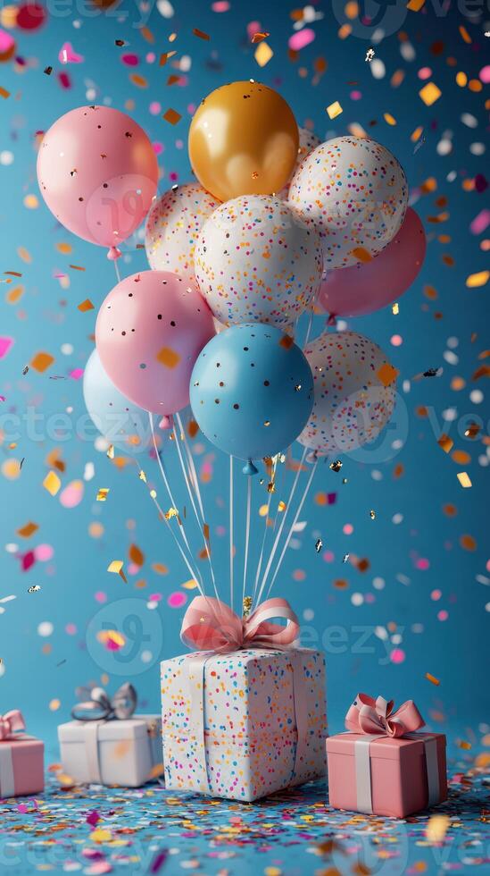 Colorful balloon bouquet and festive gifts create a joyful atmosphere for a celebration photo