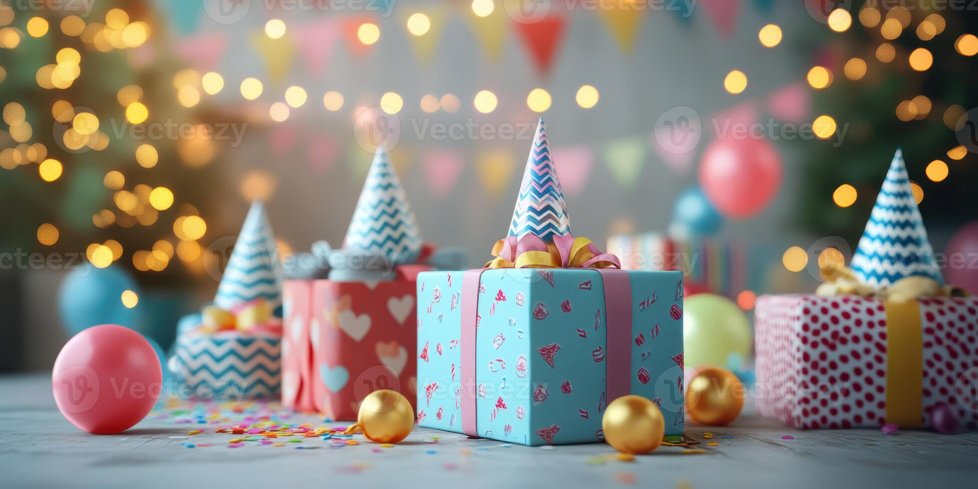 Colorful party decorations and gifts create a festive atmosphere for a celebration in a cozy setting photo
