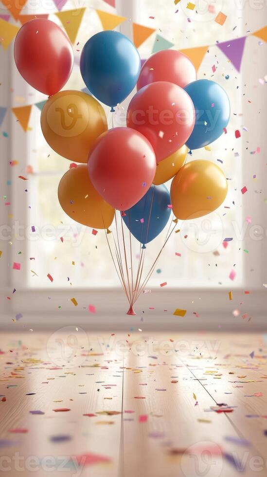 Colorful balloons float above a festive floor filled with confetti and decorations in a bright celebration space photo