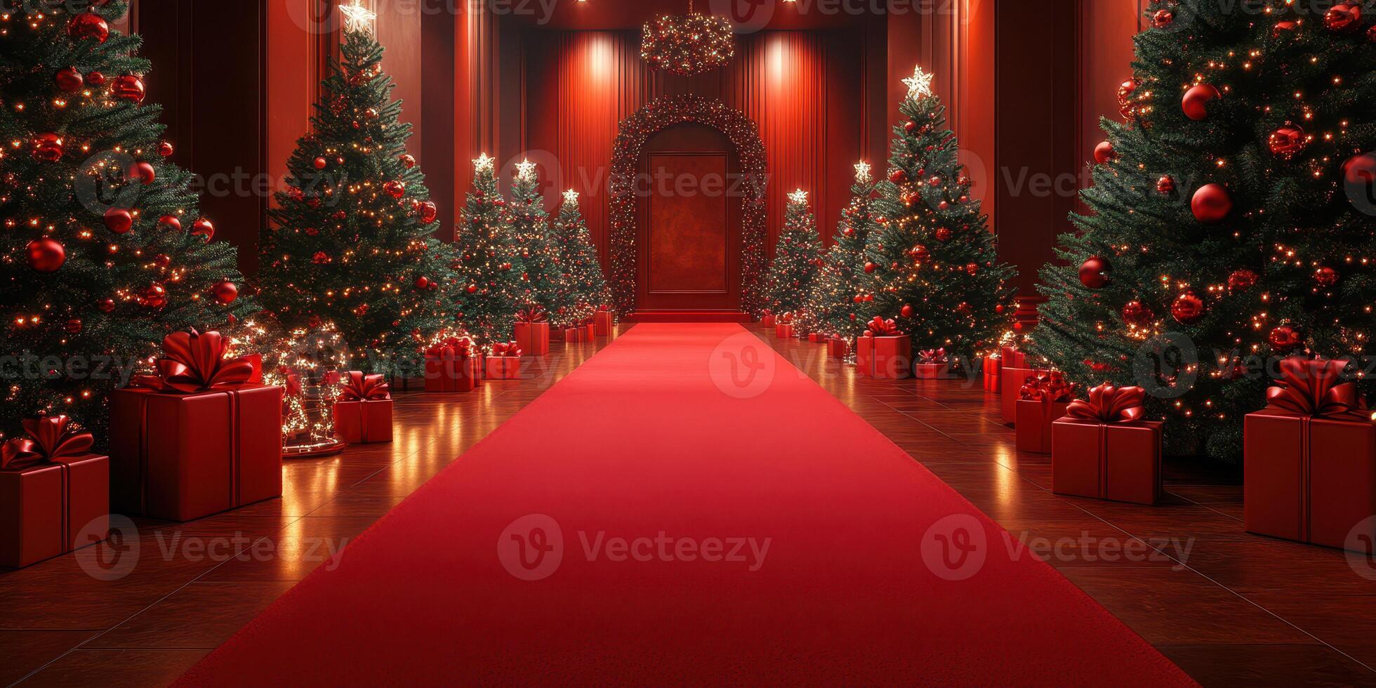 Elegant red carpet pathway lined with Christmas trees and wrapped gifts in a festive hall photo