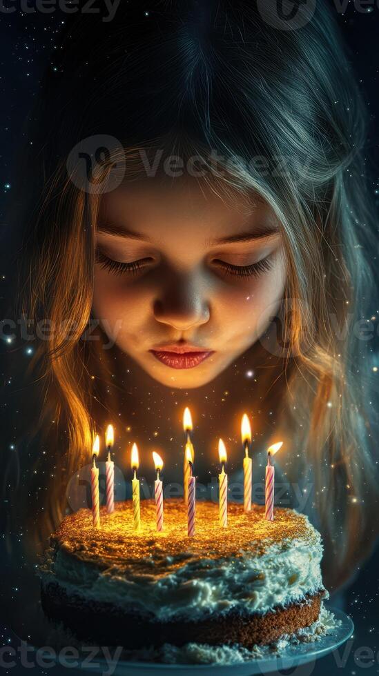 Young girl making a wish while blowing out candles on a birthday cake in a dark, magical setting with sparkles photo