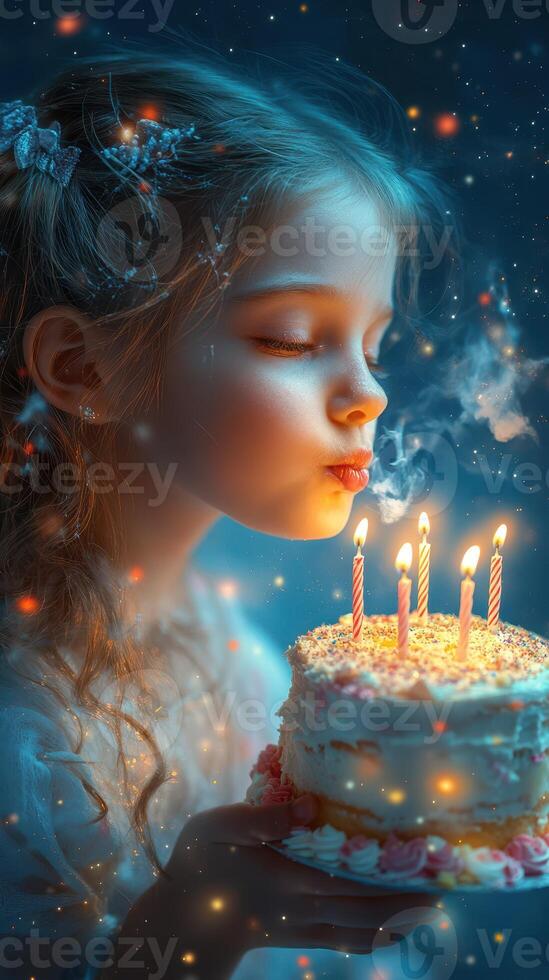 Young girl celebrates her birthday by blowing out candles on a colorful cake in a starry atmosphere photo