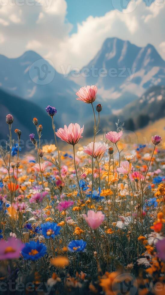 Colorful wildflowers bloom in a mountainous meadow under a clear blue sky with puffy clouds photo